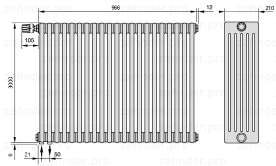 Схема (чертеж) Радиатор Zehnder Charleston 6300/21 №V001 Белый глянцевый RAL 9016